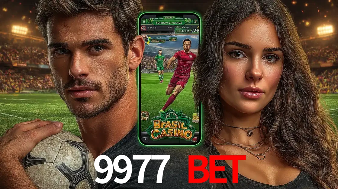 Homem segurando uma bola de futebol e uma mulher ao lado de um smartphone exibindo o jogo de apostas esportivas da 9977 BET. Faça seu palpite no cassino online.